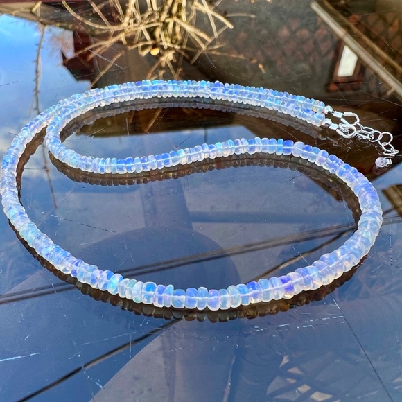 Handcraft Natural Untreated Welo Opal Necklace 14K White Gold, 14th Anniversary - Picture 9 of 10